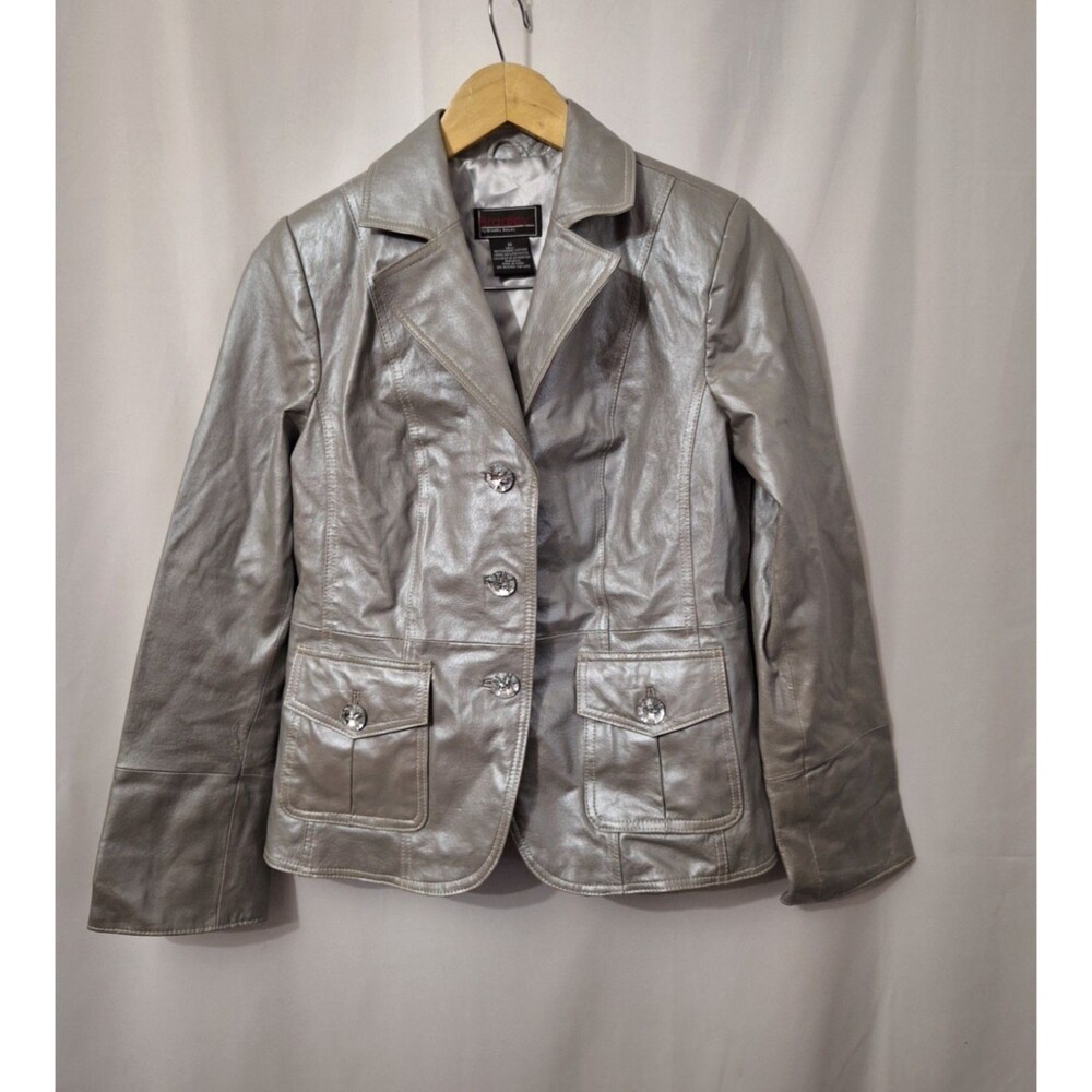 Bradley Bayou Silver Leather Jacket Button Front Womens XS Moto Biker Cyberpunk